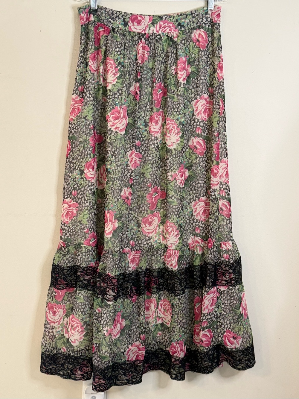 Ark & CO. Maxi skirt green pink floral & black lace SZ LG